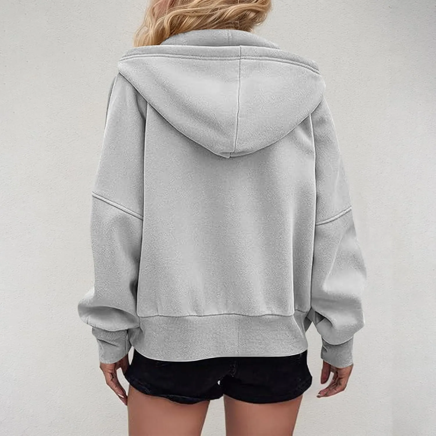 Zip Up Hoodie Women Fleece Sweatshirts Cropped Sweaters Long Sleeve Pullover Drop Shoulder Loose Fitting Tops Pocket