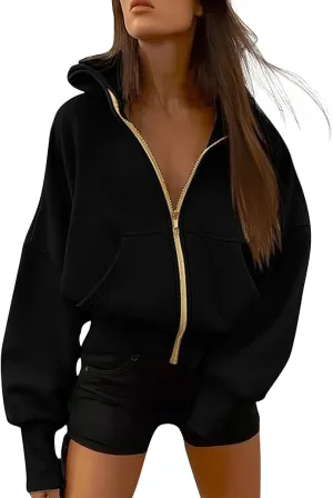 Zip Up Hoodie Women Fleece Sweatshirts Cropped Sweaters Long Sleeve Pullover Drop Shoulder Loose Fitting Tops Pocket