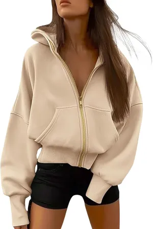 Zip Up Hoodie Women Fleece Sweatshirts Cropped Sweaters Long Sleeve Pullover Drop Shoulder Loose Fitting Tops Pocket