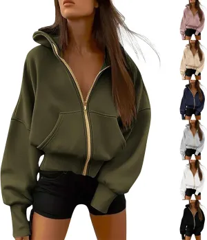 Zip Up Hoodie Women Fleece Sweatshirts Cropped Sweaters Long Sleeve Pullover Drop Shoulder Loose Fitting Tops Pocket