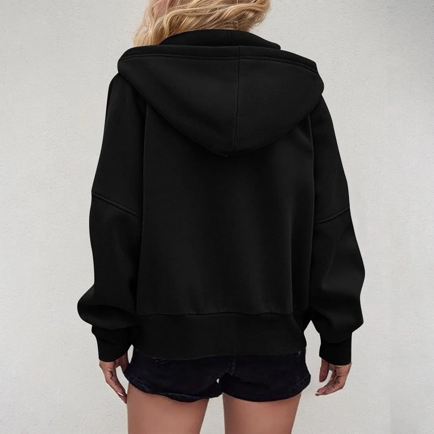 Zip Up Hoodie Women Fleece Sweatshirts Cropped Sweaters Long Sleeve Pullover Drop Shoulder Loose Fitting Tops Pocket