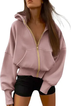 Zip Up Hoodie Women Fleece Sweatshirts Cropped Sweaters Long Sleeve Pullover Drop Shoulder Loose Fitting Tops Pocket