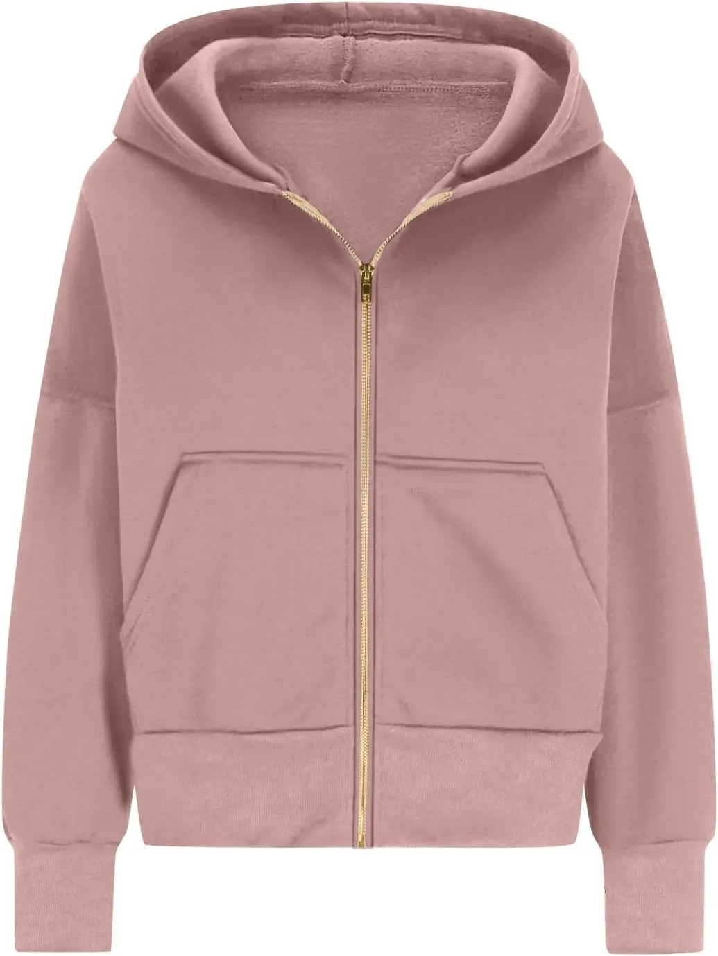 Zip Up Hoodie Women Fleece Sweatshirts Cropped Sweaters Long Sleeve Pullover Drop Shoulder Loose Fitting Tops Pocket