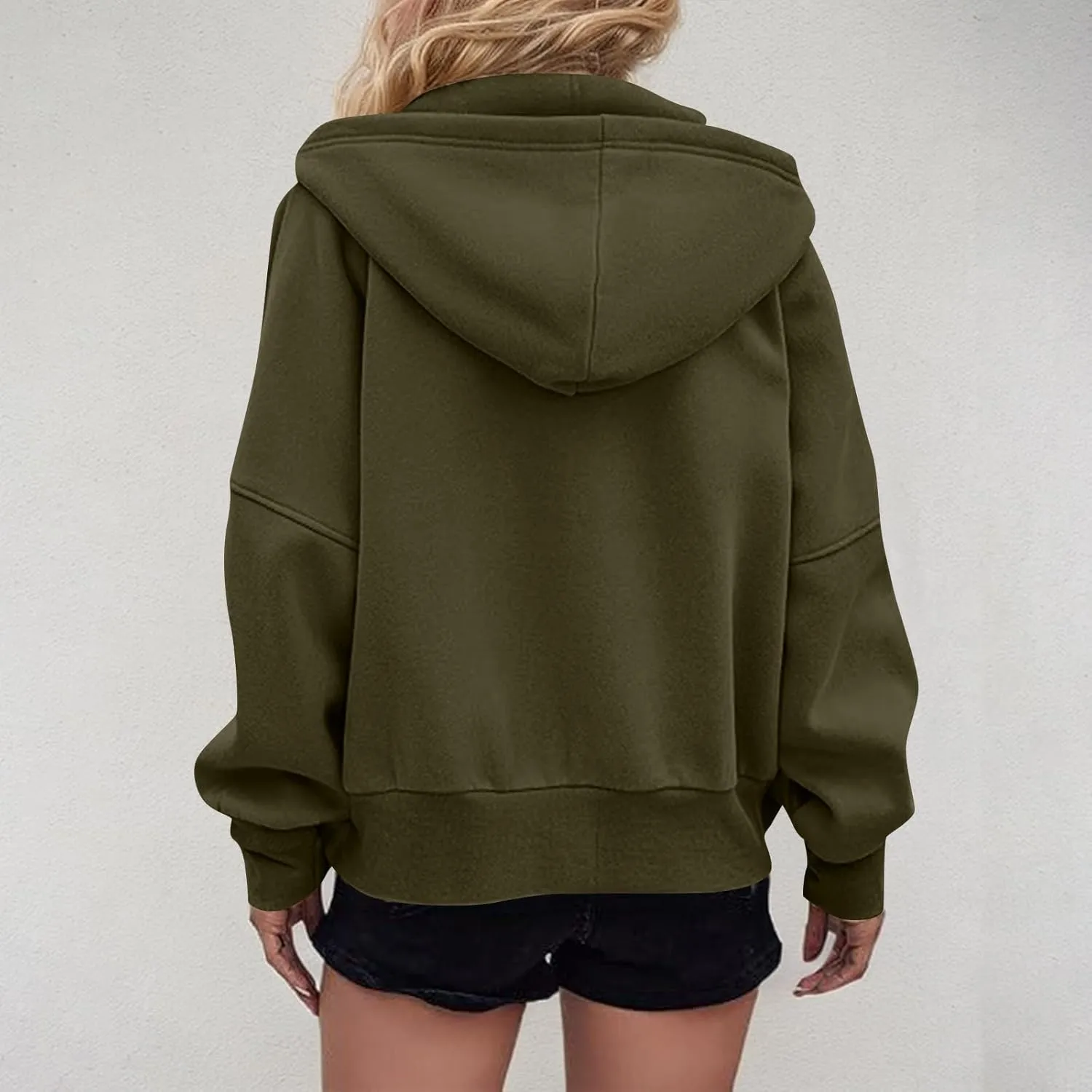 Zip Up Hoodie Women Fleece Sweatshirts Cropped Sweaters Long Sleeve Pullover Drop Shoulder Loose Fitting Tops Pocket