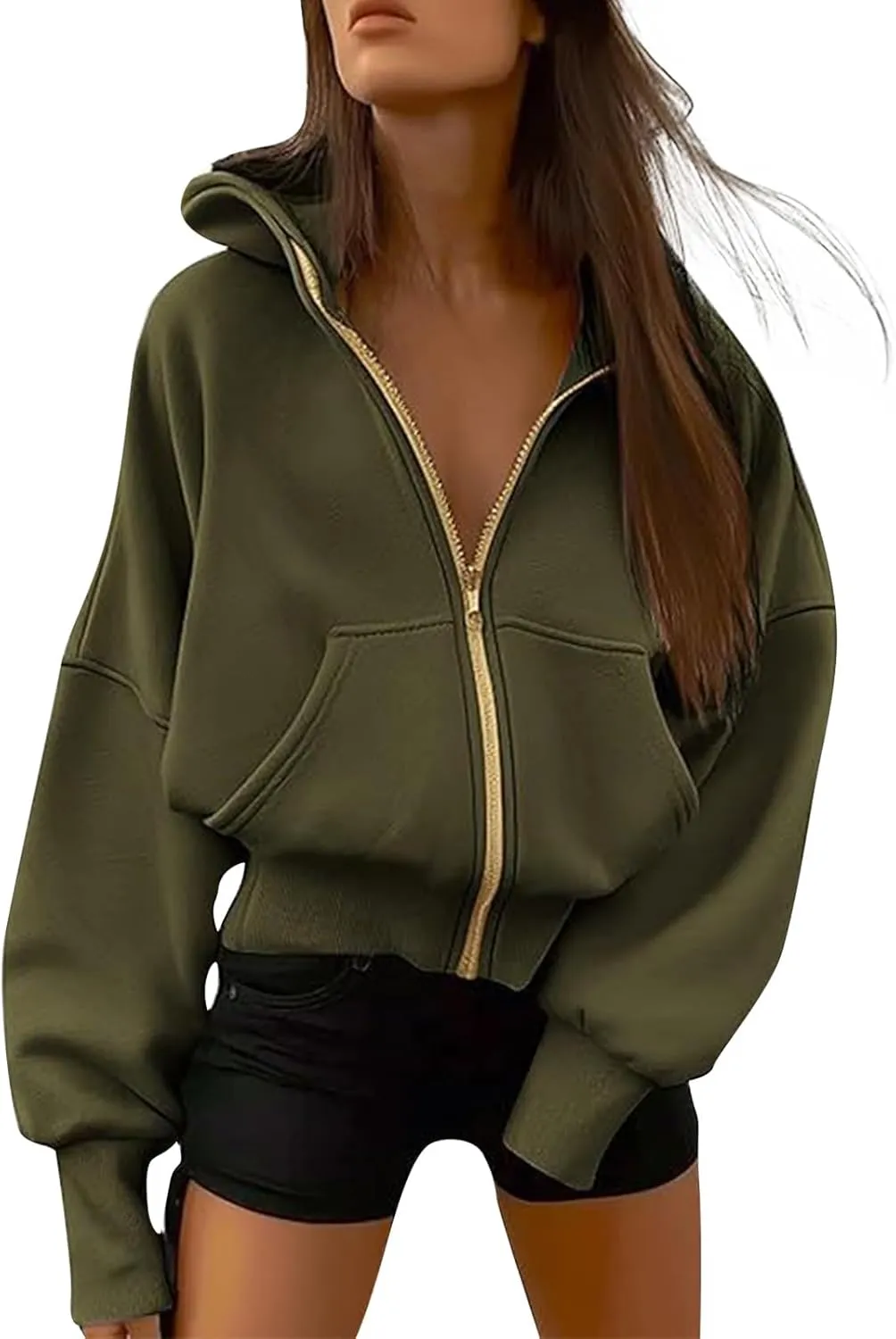 Zip Up Hoodie Women Fleece Sweatshirts Cropped Sweaters Long Sleeve Pullover Drop Shoulder Loose Fitting Tops Pocket