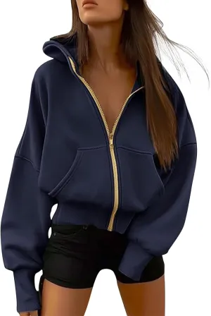 Zip Up Hoodie Women Fleece Sweatshirts Cropped Sweaters Long Sleeve Pullover Drop Shoulder Loose Fitting Tops Pocket