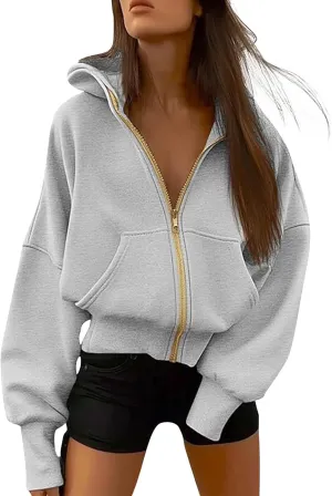 Zip Up Hoodie Women Fleece Sweatshirts Cropped Sweaters Long Sleeve Pullover Drop Shoulder Loose Fitting Tops Pocket