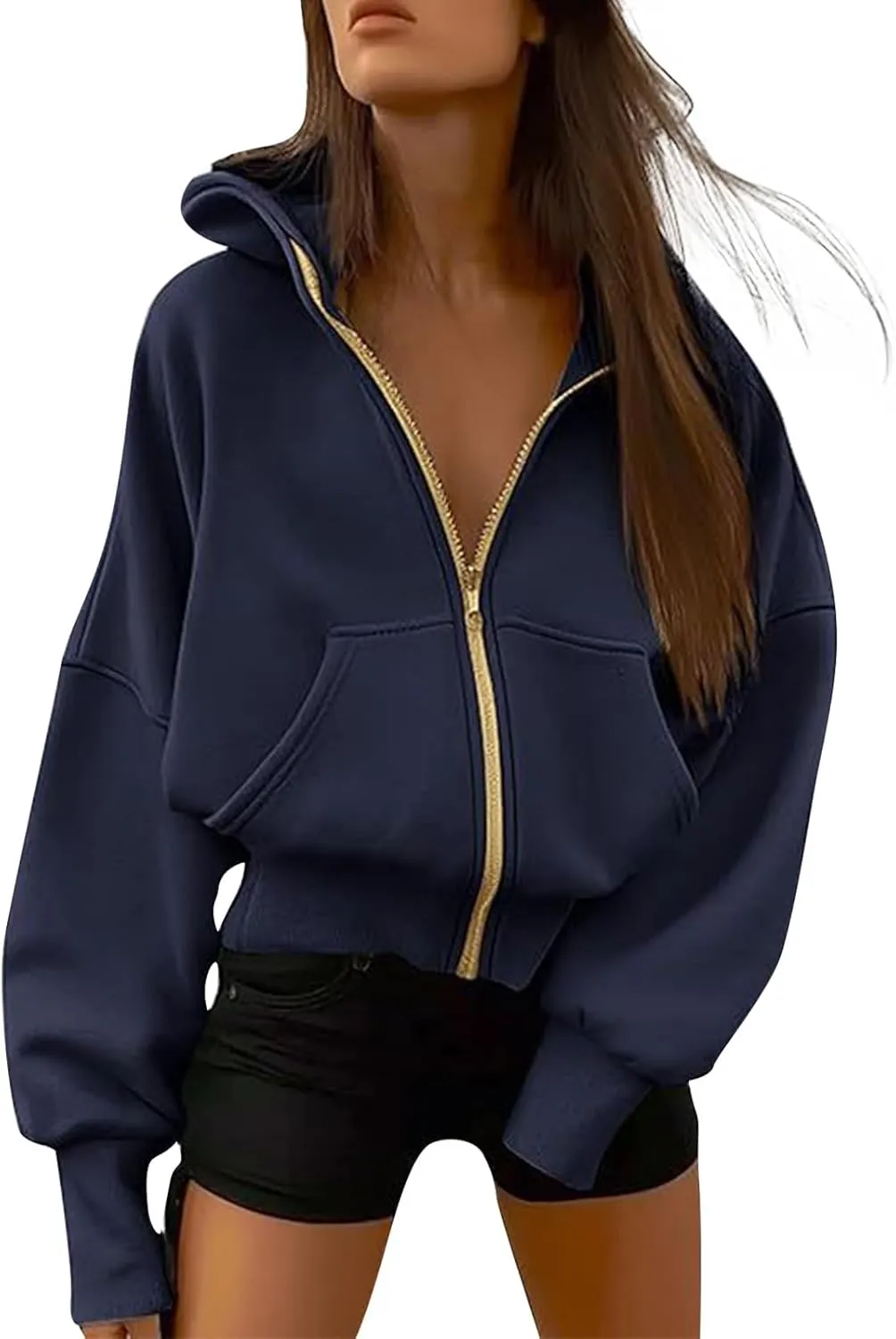 Zip Up Hoodie Women Fleece Sweatshirts Cropped Sweaters Long Sleeve Pullover Drop Shoulder Loose Fitting Tops Pocket
